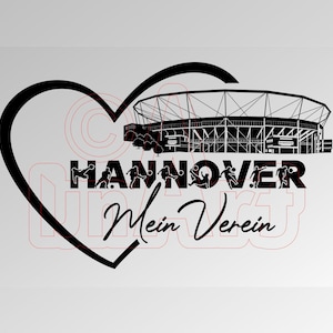 Puede incluir: Diseño gráfico en blanco y negro de un corazón con un estadio en su interior y el texto "HANOVER Mein Verein".