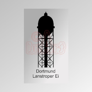 Könnte beinhalten: Schwarze Silhouette eines Wasserturms mit dem Text "Dortmund Lanstroper Ei" darunter.