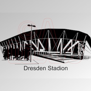 Könnte beinhalten: Schwarz-Weiß-Illustration des Dresdner Stadions. Das Bild konzentriert sich auf die architektonische Struktur des Stadions. Der Text "Dresden Stadion" befindet sich am unteren Rand.