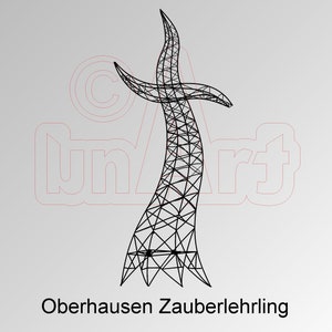 May include: A black line art illustration of an abstract, tree-like structure with a network of interconnected lines. The text "Oberhausen Zauberlehrling" is at the bottom.
