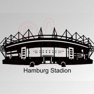 May include: A black and white silhouette illustration of the Hamburg Stadion. The image shows the stadium's architectural details. The text "Hamburg Stadion" is displayed at the bottom of the image.