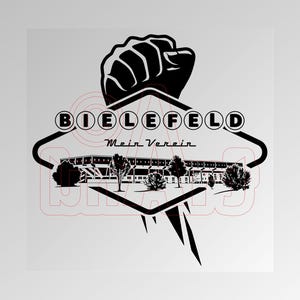 Puede incluir: Gráfico en blanco y negro con un puño cerrado sobre la palabra "BIELEFELD" en fuente circular. Debajo, las palabras "Mein Verein" están escritas en cursiva, con una ilustración de un estadio. El diseño está sobre un fondo gris claro.