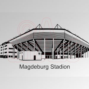 May include: Black and white line drawing of a stadium with the text "Magdeburg Stadion" below.