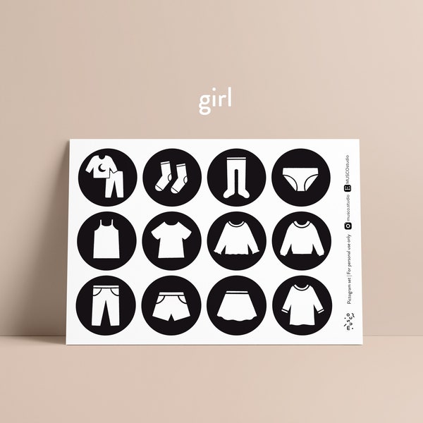 22 Montessori girl clothes pictogram labels | Clothing icons for toddler | Wardrobe organization printables graphics | Fits in IKEA HÄNGIG