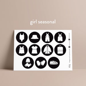 May include: A set of 12 black and white illustrations of clothing items for different seasons. The illustrations are in circles and include items like a swimsuit, a hat, overalls, a jacket, a backpack, a dress, mittens, and shoes.