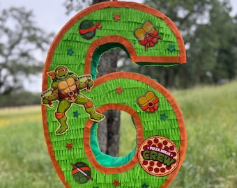 Teen Turtle Inspired Number Piñata 24"x18"x4" Green Hero Turtle Birthday Decor, Personalized Party Piñata, Custom Number