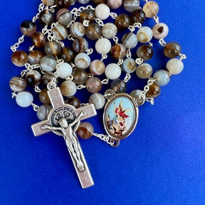 St. Michael 8mm Brown Stripe Agate Bead Rosary