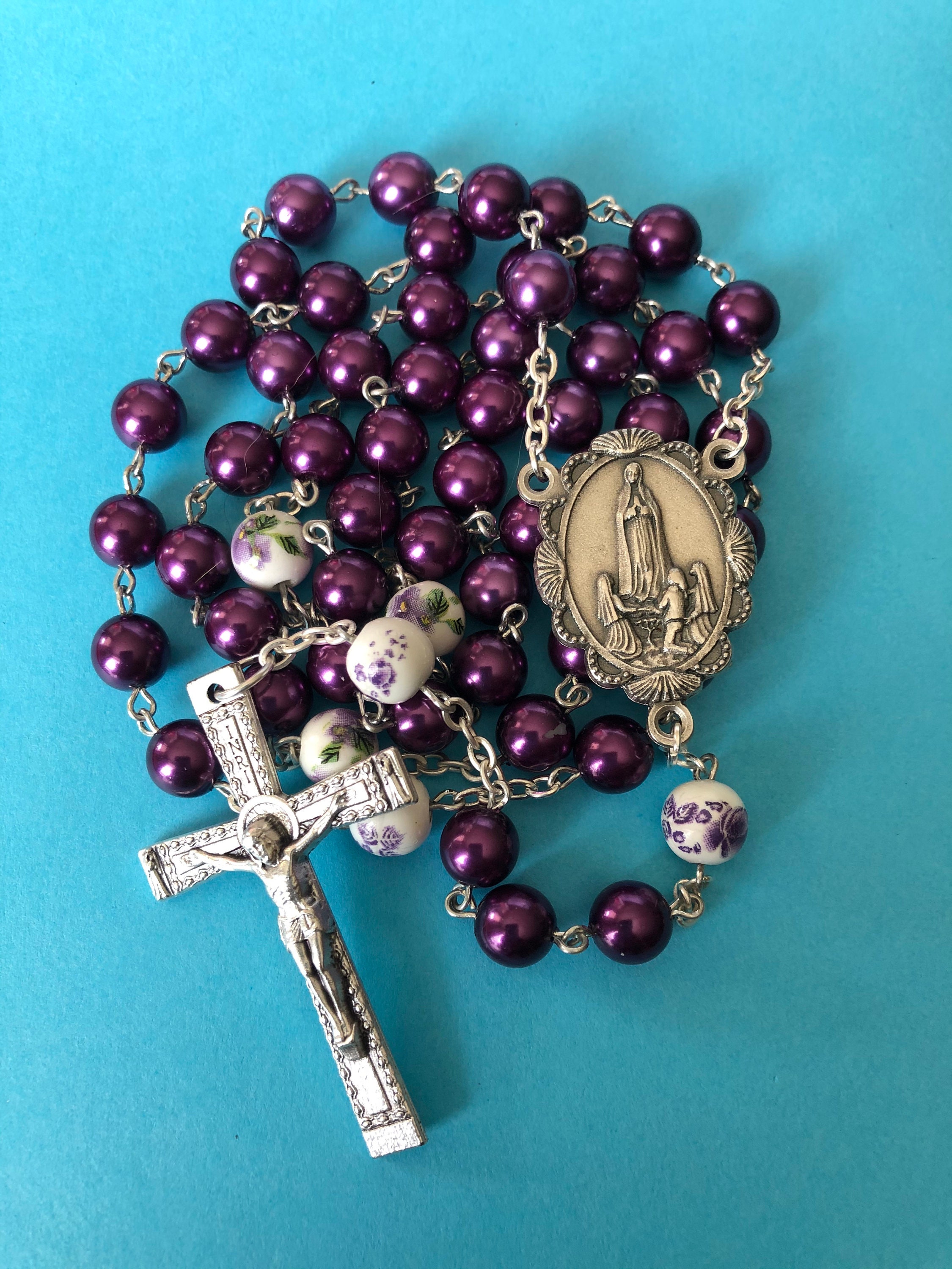 Our Lady of Fatima Rosary. 8mm Purple glass beads. Etsy