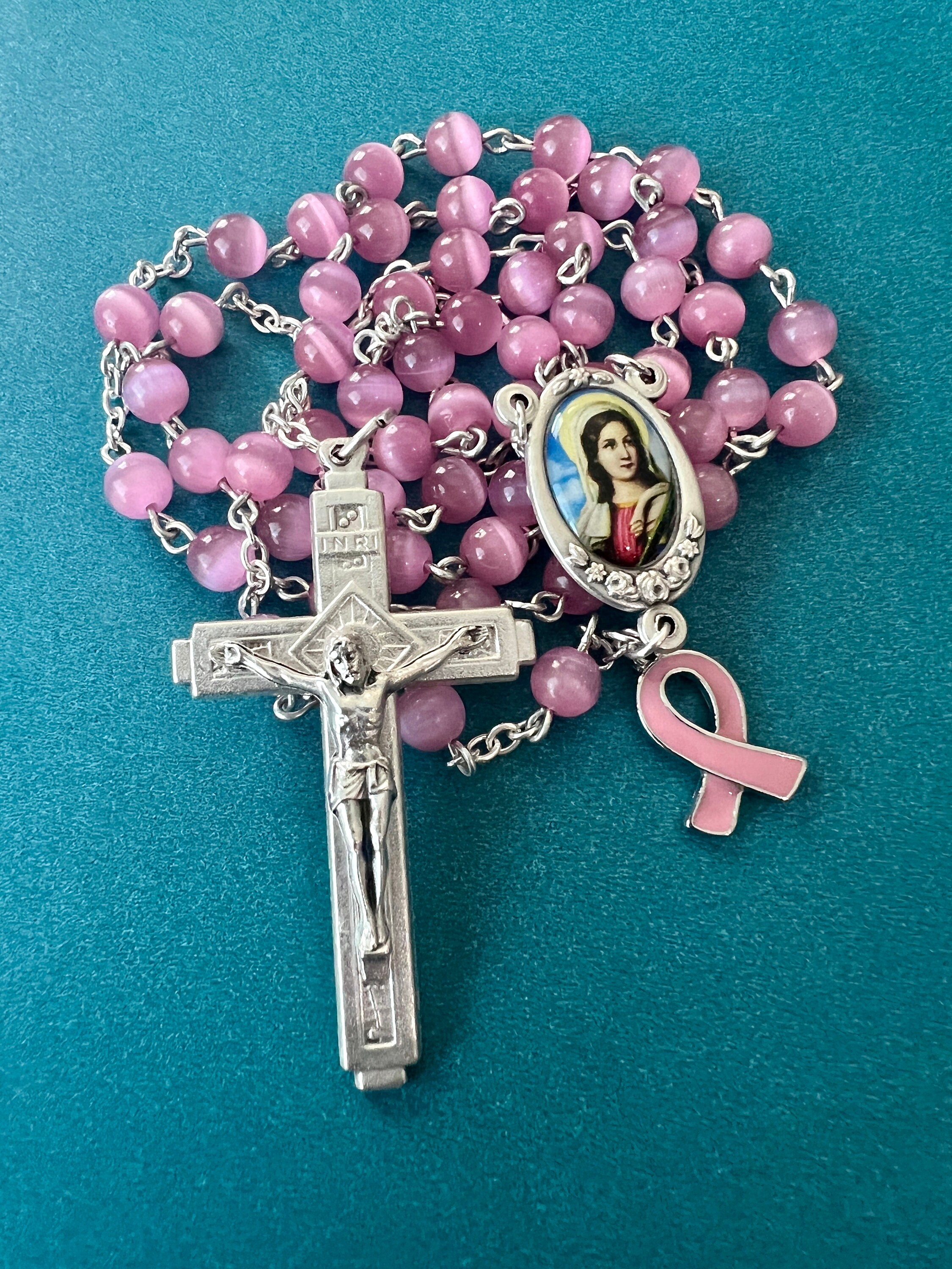 Venerare St Agatha Rosary Made in Italy Pink Ribbon Patron Saint of Breast Cancer 