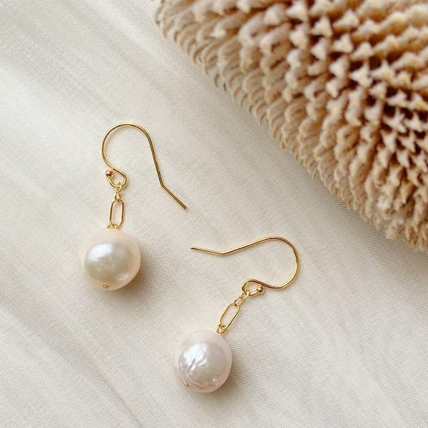 Baroque Pearl Drop Earrings Gold Filled, Real Pearl Earrings, Wedding Earrings, Large Pearl Gold Hoop Earrings, Keshi Pearl Earrings