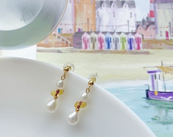 Pearl Earrings 14K Gold Filled, Pearl Drop Earrings Bridesmaid Gifts, White Earrings Wedding Jewellery, Teardrop Earrings Freshwater Pearls