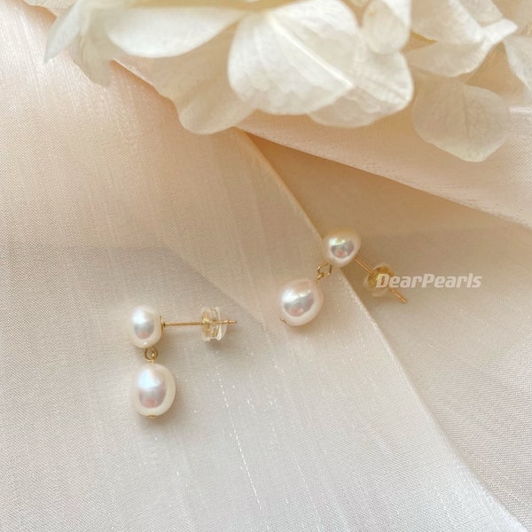 Double Pearl Stud Earrings, Pearl Drop Earrings Bridesmaid Gifts, Wedding Earrings Bridal Jewellery, Dainty Earrings Pearl Studs