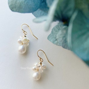 Pearl Clustered Earrings Gold Filled: Freshwater Teardrop Pearls, Bouquet Earrings, Bridal Jewellery