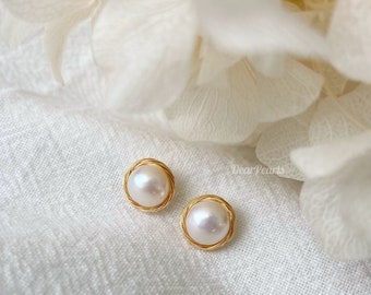 Pearl Stud Earrings: Gold Studs Flat Pearl Earrings - Bridal Earrings Pearl Jewellery - Wire Wrapped Freshwater Pearls with 14K Gold Filled