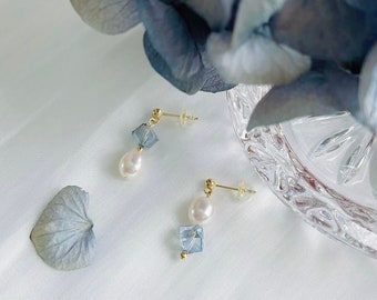 Gold Pearl Earrings, Blue Earrings Bridal Jewellery, Teardrop Pearl Dangle Earrings Wedding Jewellery, Dainty Earrings Bridesmaid Gifts