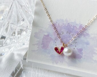 Red Heart Pendant Necklace, Real Pearl Necklace, Everyday Pearl Gold Necklace, Dainty Necklace Bride Gift, Two Pendants Delicate Necklace