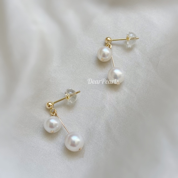 Dainty Freshwater Pearl 14K Gold Double Drop Earrings, White Pearl Wedding Earrings, Gift For Her