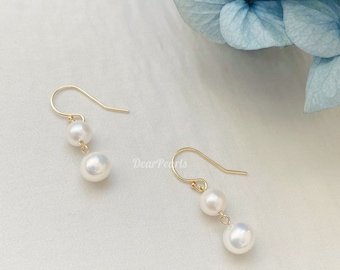 Pearl Drop Earrings Gold Filled, Double Pearl Earring, Bridal Earrings Freshwater Pearls, Bridesmaid Earrings Gift, Real Pearl Earrings Gold