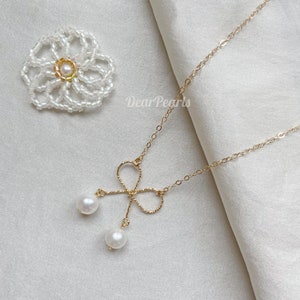 Freshwater Pearl Choker Necklace with Bow Pendant on Gold Filled Chain, Charm Butterfly Necklace, Bridal Pearl Jewellery, Cute Gift for Her