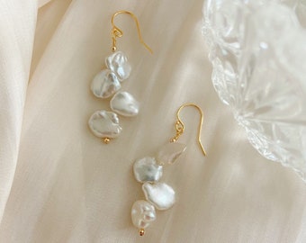 Baroque Pearl Drop Earrings 14K Gold Filled, Petal Pearl Earrings Bridal Jewelry, Keshi Pearl Earrings Freshwater Pearls, Modern Earrings