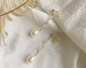 Real Pearl Earrings Gold Filled, Teardrop Earrings Bridal Jewellery, Freshwater Pearl Drop Earrings Wedding Jewellery, Pearl Chain Earrings