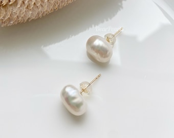 Baroque Pearl Stud Earrings 14K Gold Filled, Gold Stud Earrings Freshwater Pearls, Big Pearl Earrings Bridal Jewellery, Minimalist Earrings