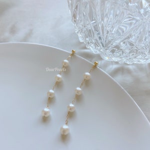 Pearl Drop Earrings 14K Gold Filled, Pearl Earrings Bridal Jewellery, Long Earrings Freshwater Pearls, Four Pearl Earrings Wedding Jewellery