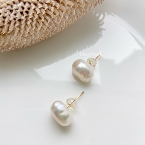 Baroque Pearl Stud Earrings 14K Gold Filled, Gold Stud Earrings Freshwater Pearls, Big Pearl Earrings Bridal Jewellery, Minimalist Earrings