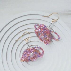 Pink Flower Earrings with Freshwater Pearls Gold Filled, Beaded Flower Earrings, Charm Statement Earrings, Unique Birthday Gift For Her