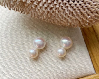 Double Pearl Earrings in 14K Gold Filled, Pearl Gold Stud Earrings, Bridal Earrings Freshwater Pearls,Real Pearl Earrings, Wedding Earrings