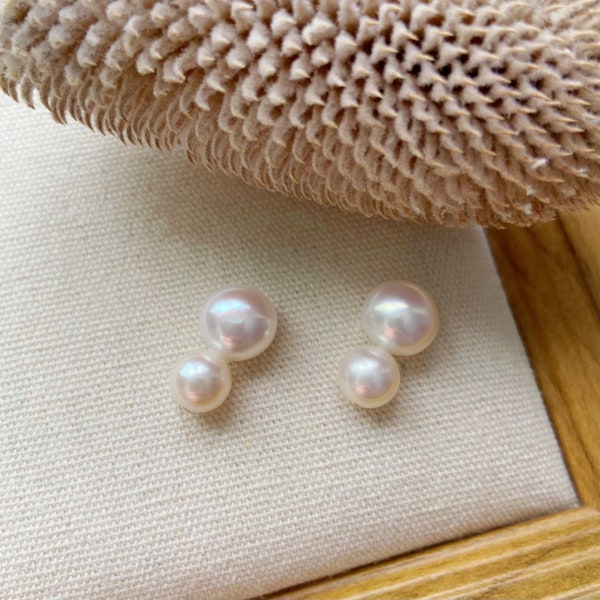 Double Pearl Earrings in 14K Gold Filled, Pearl Gold Stud Earrings, Bridal Earrings Freshwater Pearls,Real Pearl Earrings, Wedding Earrings