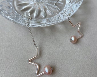 Pink Pearl Minimalist Earrings Silver, Real Pearl Earrings, Geometric Earrings, Pink Star Earrings, Unique Earrings Birthday Gift