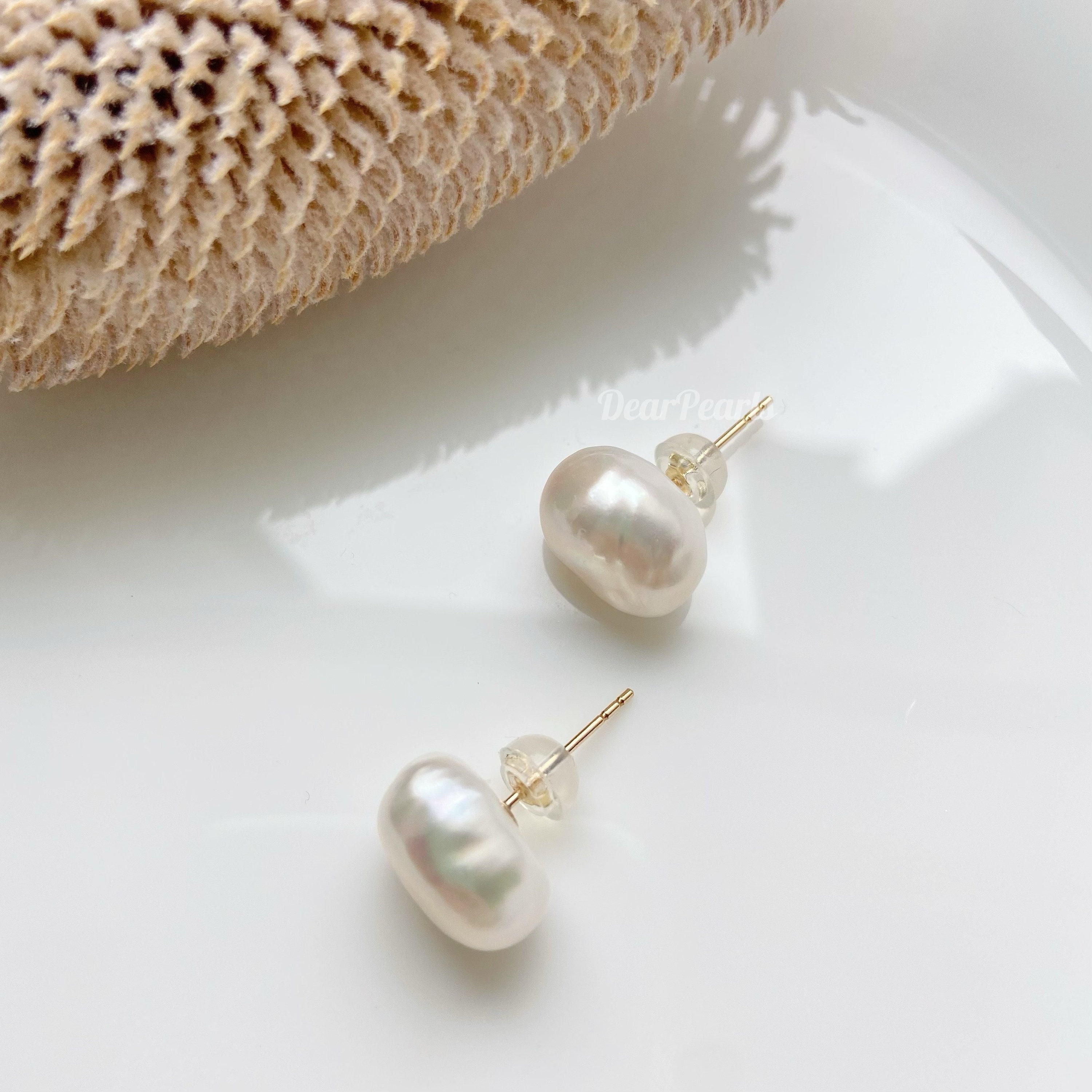 Classic Half-Round Pearl Earrings (13-14mm) - White Pearl