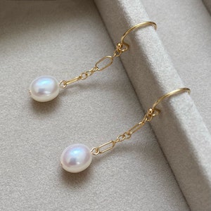 Pearl Drop Earrings Wedding Jewellery, Teardrop Pearl Paperclip Chain 14K Gold Earrings, Bridal Earrings Freshwater Pearls, Pearl Earrings