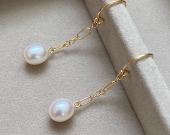 Pearl Drop Earrings Wedding Jewellery, Teardrop Pearl Paperclip Chain 14K Gold Earrings, Bridal Earrings Freshwater Pearls, Pearl Earrings