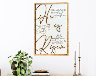 Hij is Risen Easter Home Decor Sign, Religieuze Kunst, Bijbelvers, Handgemaakte Boerderij Houten bord, Rustieke Housewarming Gifts, voor koppel, voor haar