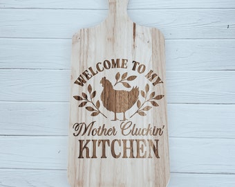 Farmhouse Chicken Decor, Wood Serving Board, Kitchen Trivet, Funny Gift For Mom, Mother’s Day, Hen Birthday Gift for her, Mother Cluckin