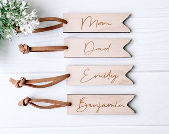 Personalized Thin Stocking Tags, Minimalist Holiday Gift Wrap, Wooden Engraved Custom Name, Simple Elegant Tree Ornament