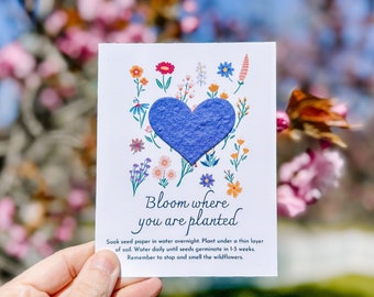 Wildflower Seed Gunsten, 8 Seed Paper Heart Ansichtkaarten, Eco Friendly Birthday Party Favor, Inspiratonal Plantable Gift, Bloom waar geplant
