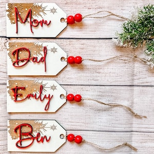Personalized Stocking Tags, Gift Tags for Kids, Red Stocking Tag Trees, Christmas Gift Tag, Vintage Tree Art, Wood Name Tags for Stockings image 1