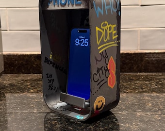 Retro Pay Phone Phone Stand, Urban Graffiti Art, CellPhone Holder for iPhone android, vintage payphone dorm decor, 90s Christmas Gift