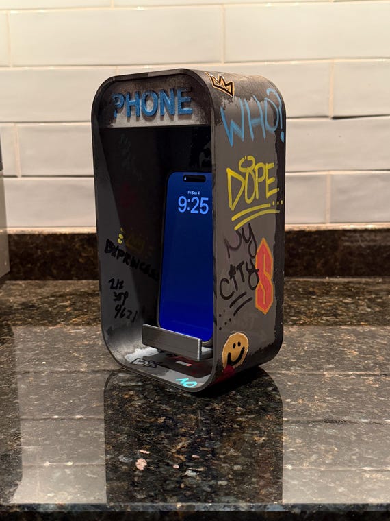 Retro Pay Phone Phone Stand, Urban Graffiti Art, CellPhone Holder for iPhone android, vintage payphone dorm decor, 90s Christmas Gift