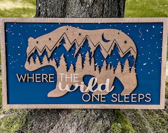Where The Wild One Sleeps Night Sky Nursery Sign, Woodland Bear Bedroom Decor, Wood Wall Art, Twin Baby Shower Gift, Mountain Silhouette