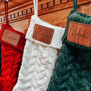 Personalized Cable Knit Stockings for Christmas, Stockings with Leather Patch, Stockings with Name Tags, Knit White Red Green Stockings