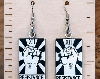 Resistance Tarot Card Earrings, Anti Fascism, RESIST, Raised Fist political protest jewelry, Human Rights, Abolish ICE, fdt, Womens Rights