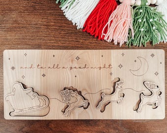 Christmas Santa and Reindeer Puzzle, Wood Puzzle for kids, Sleigh Flying to all a good night, Fine Motor Skills, Handmade Toddler Child Gift