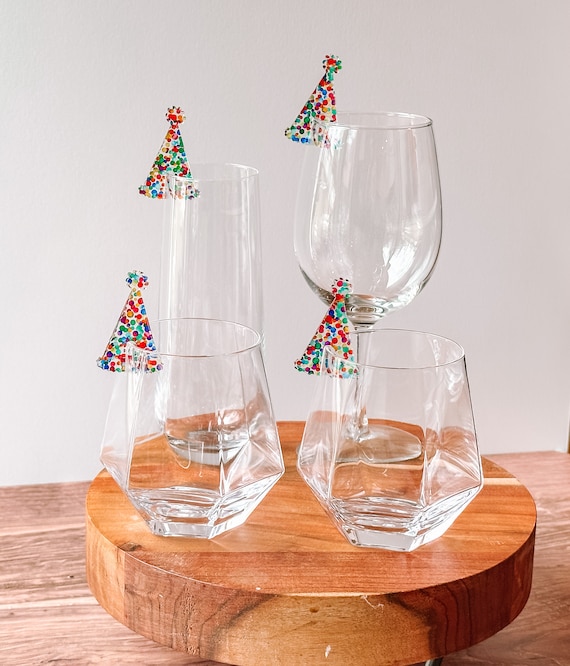Party Hat Drink Markers, Birthday Tableware, Celebration Barware, Milestone Party, Graduation, Retirement, Polka Dot Confetti Decor