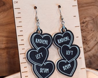 Radical Left Scum Conversation Heart Earrings, Anti Fascism, Leftist political protest jewelry, Womens Rights, Valentines Day FDT, Liberal