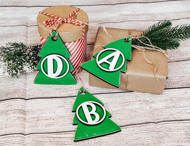Christmas Tree Gift Tags, Personalized Tree Ornament, Initial Stocking Tag, Gift Basket Tag, Rustic Holiday Decor, Rustic Christmas Ornament image 7