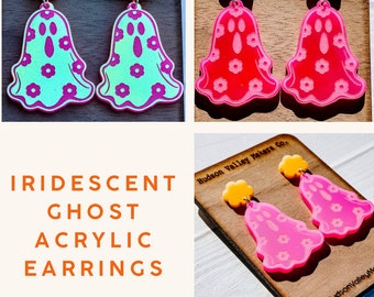 Iriserende bloem Ghost oorbellen, groovy griezelige accessoires, roze sieraden, leuke acryl verklaring Dangle Earring, Halloween cadeau, Boho hippie